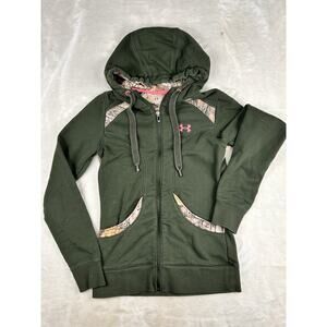 Under Armour Womens Sz Small Sweatshirt Full Zip Hoodie Green Camo Semi Fitted